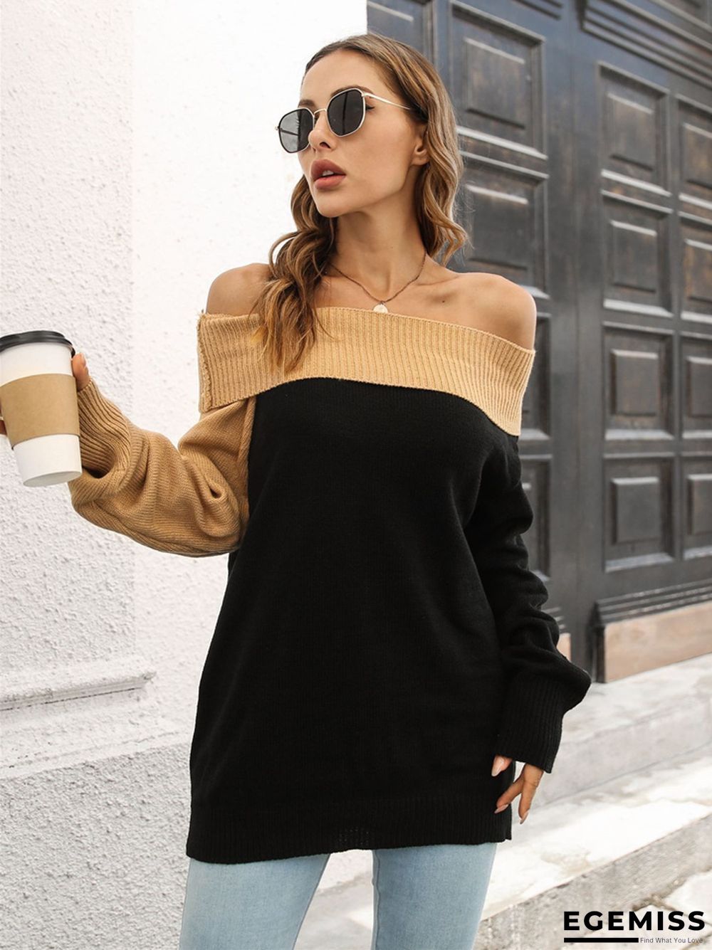 Design Sense of A Word Neck Loose Long Sleeve Knit Sweater | EGEMISS