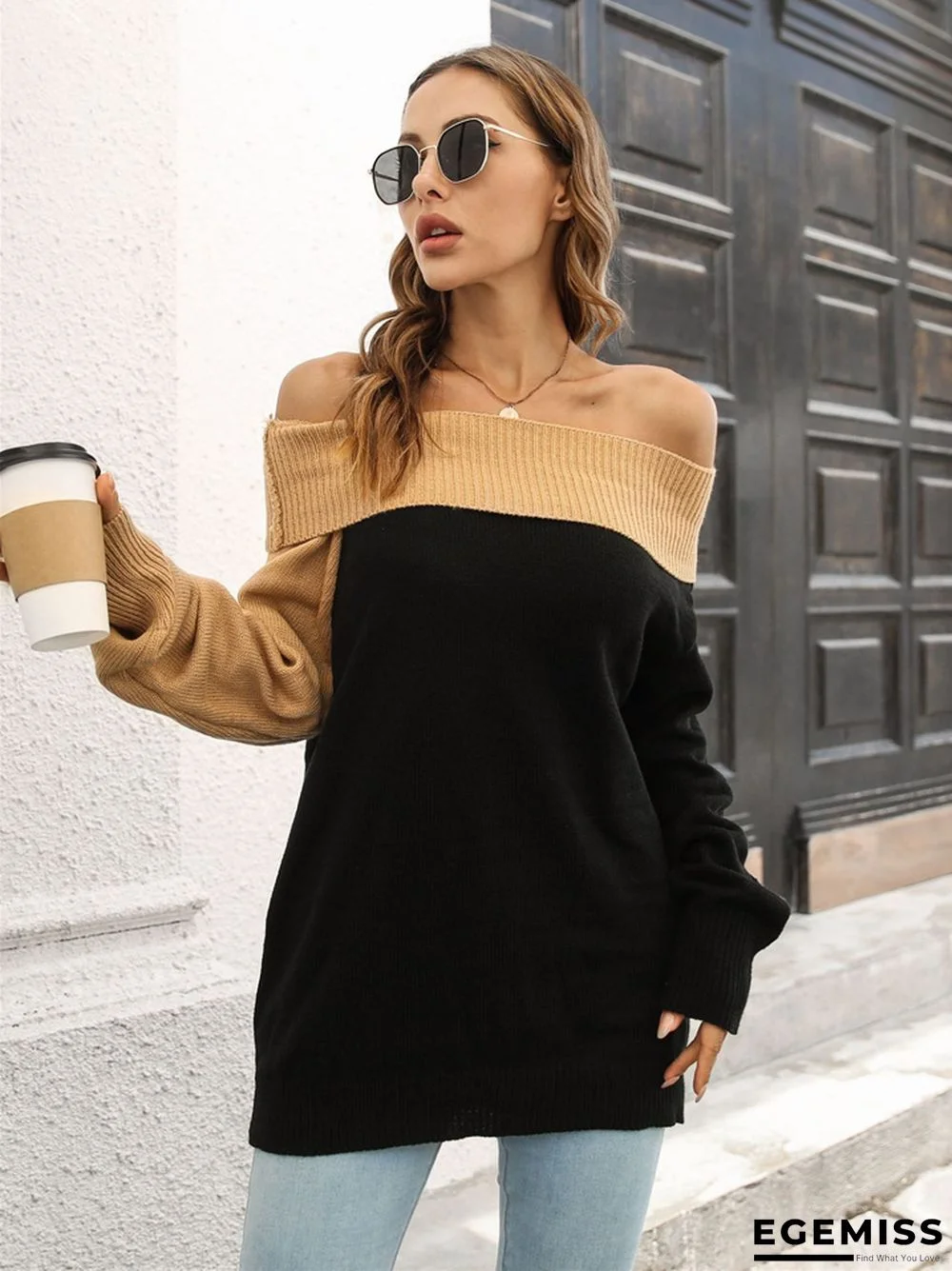 Design Sense of A Word Neck Loose Long Sleeve Knit Sweater | EGEMISS