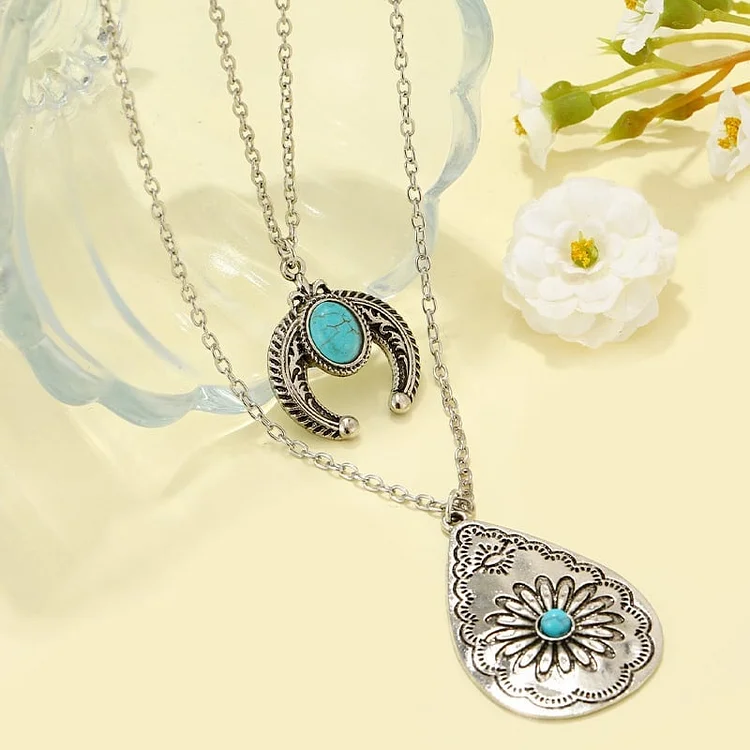 925 Turquoise Drop Carved Double Layer Necklace