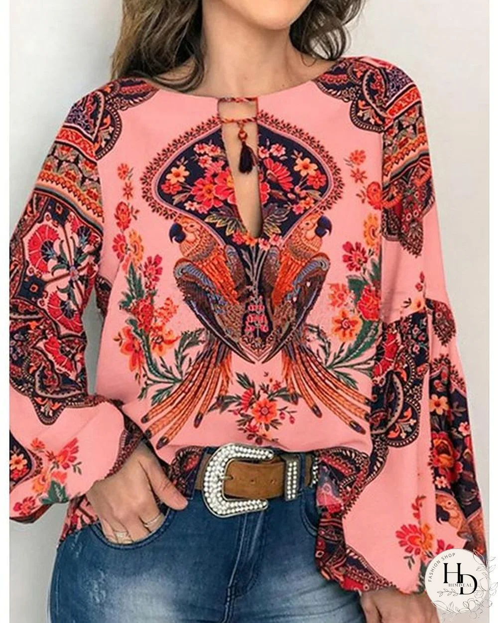 Women's Blouse Shirt Floral Flower Long Sleeve Lace up Print Round Neck Tops Basic Basic Top White Yellow Orange-0203813