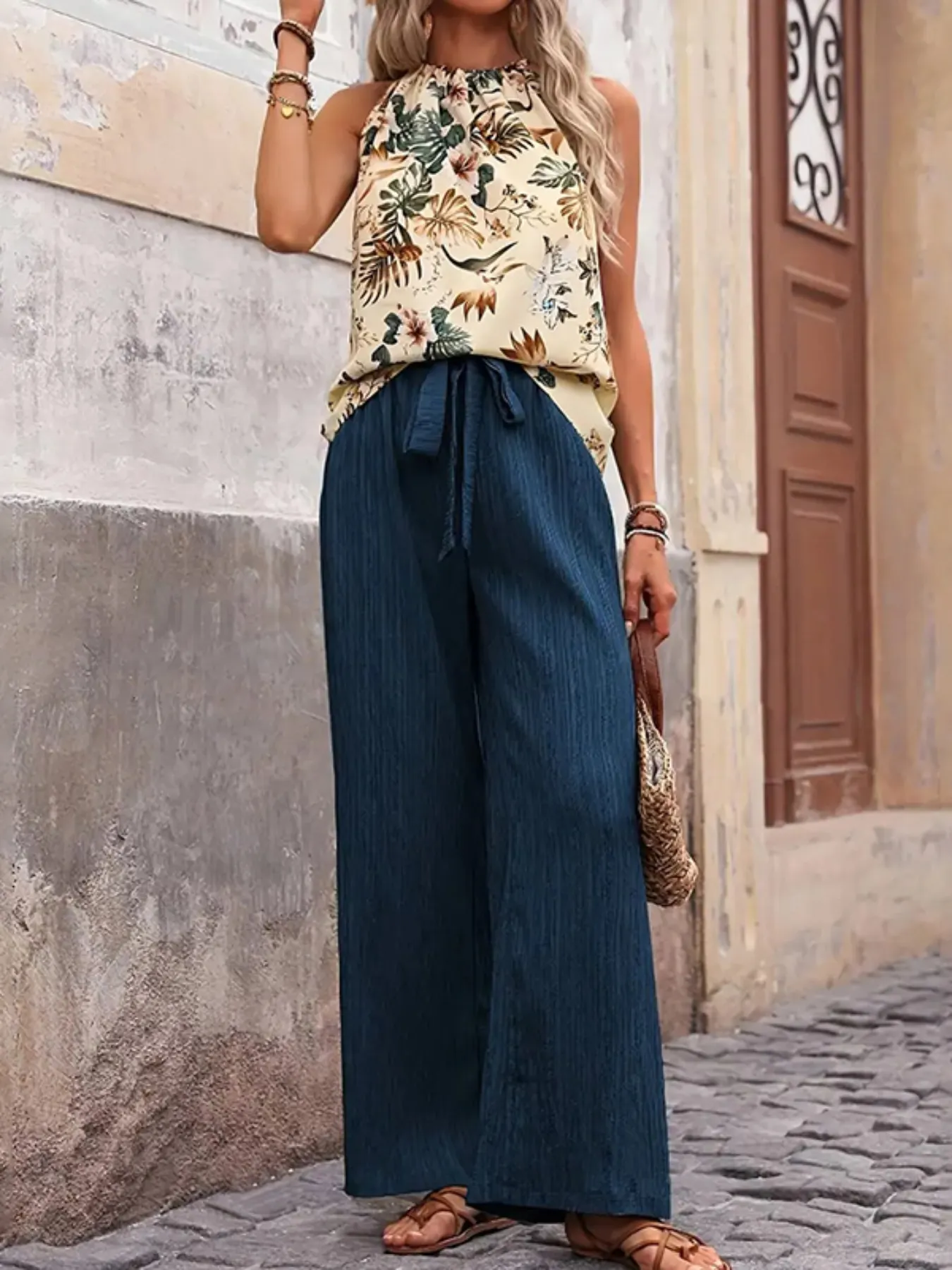 SpringSummer New Womens 2pcs Outfits Casual Sleeveless Halter Neck Crop Tops And Wide Leg | IFYHOME