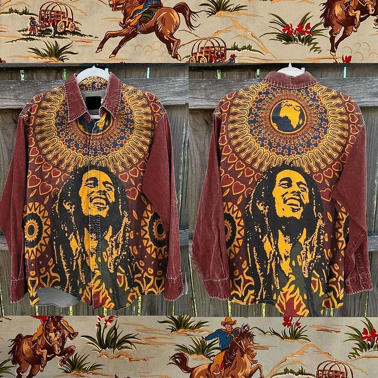 Vintage Bob Marley Art Plant Horse Print Casual Shirt