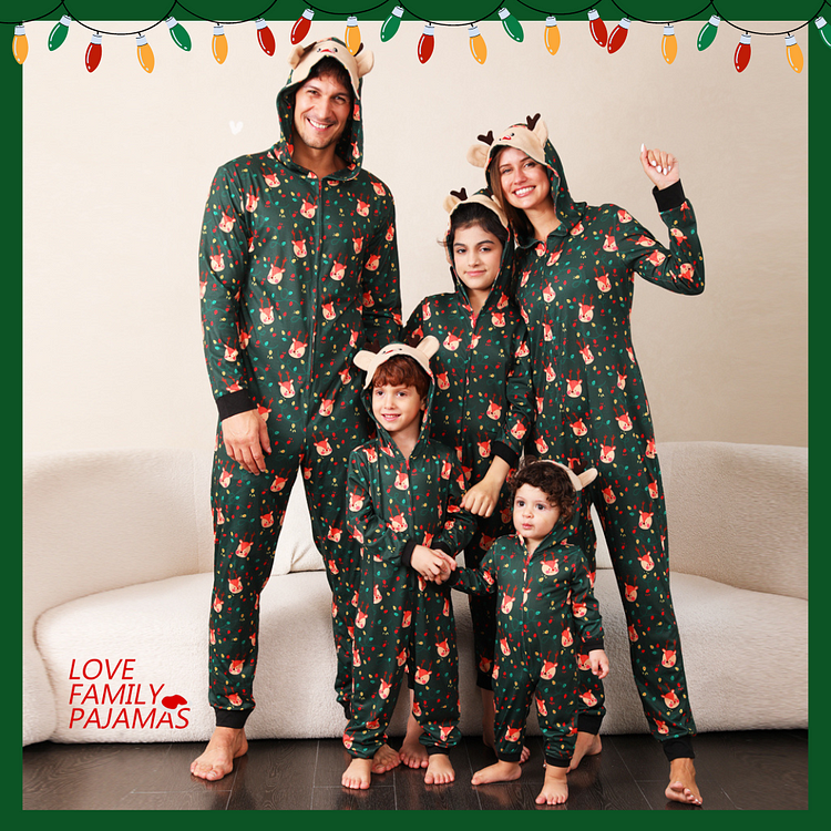 Cute Moose Print Forest Green Hooded Onesie Family Matching Pajamas Sets