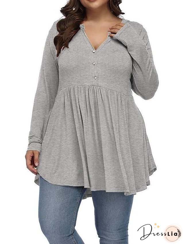 T shirt Tee Light Blue claret Deep Purple Plain Button Flowing tunic Long Sleeve Daily Weekend Basic V Neck Long Plus Size L for Women