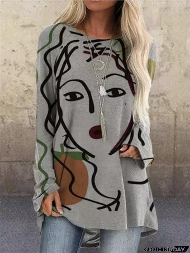 Oversized Round Neck Long Sleeve Face Printed Pullover Tops