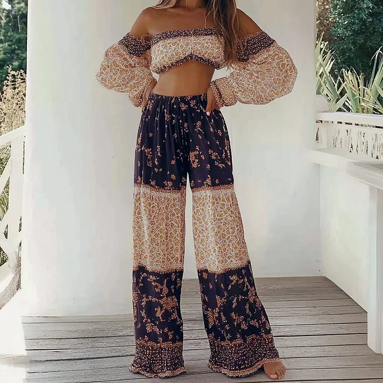 Bohemian Style Floral Casual Vacation Two-piece Suit