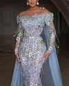 Women's Off Shoulder Blue Embroidery Evening Dress - 01
