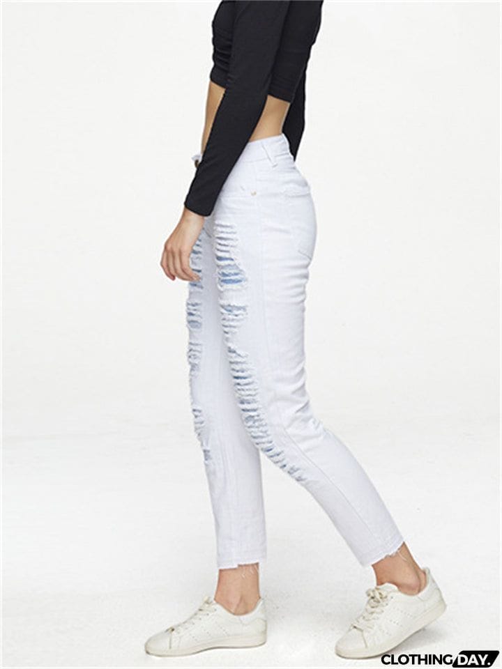 Punk Style Fashion Ripped Loose Women White Denim Jeans