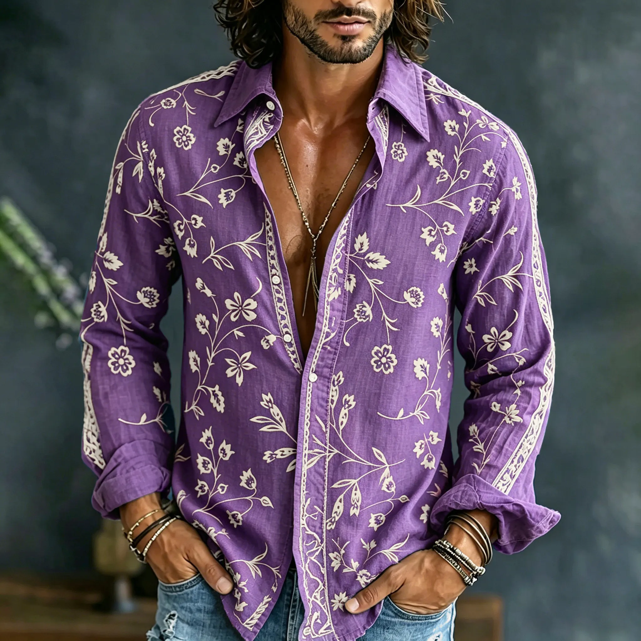 Men's Vintage Spring Floral Art Print Flowy Linen Blend Casual Shirt  artssus