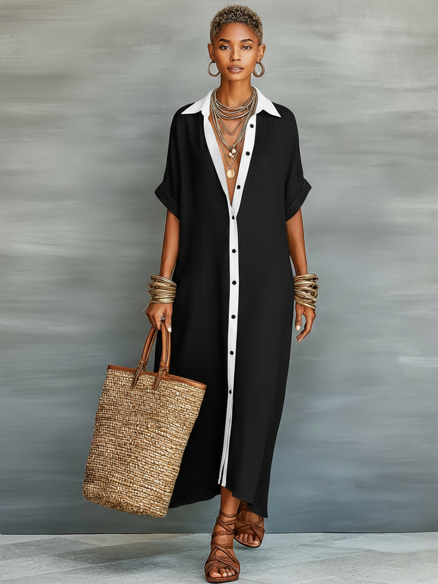 Women's Minimalist Linen Blend Short-sleeved Shirt Maxi Dress MDZ0647A2Y mysite idetrend