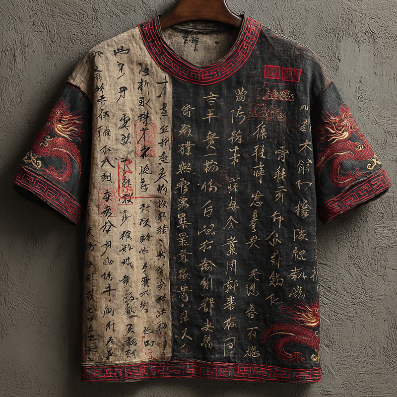 Men's Japanese Calligraphy And Dragon Art Linen Blend Crew Neck T-shirt  artssus
