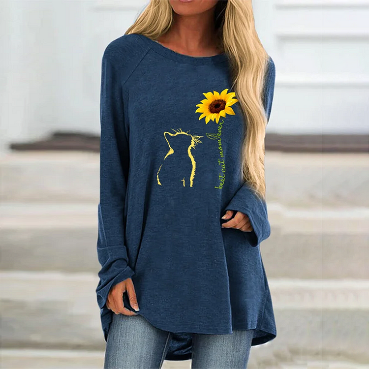 Vefave Casual Cat Sunflower Print Long Sleeve Tunic