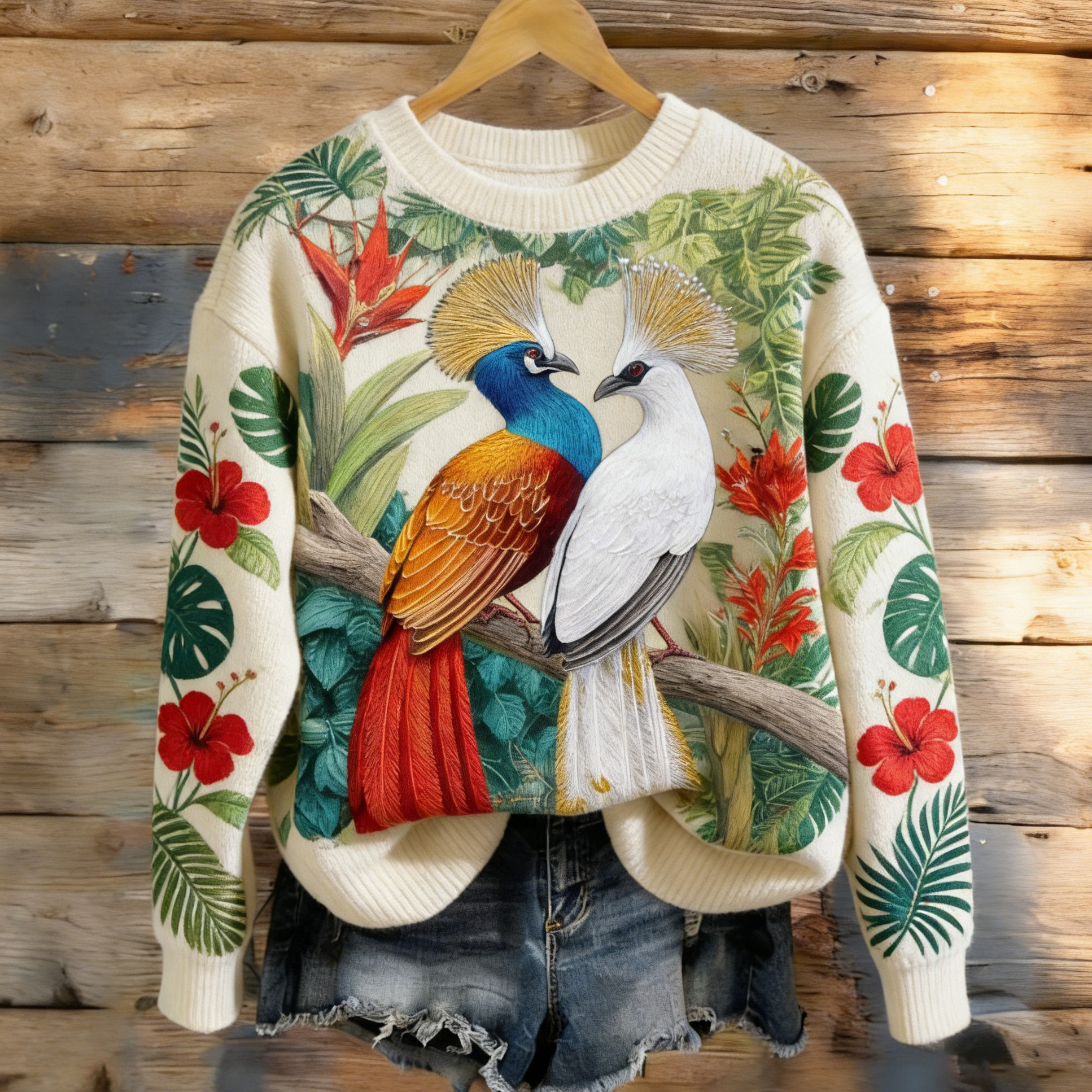Women's Floral And Bird Pattern Comfortable Knitted Crew Neck Sweater wearshes