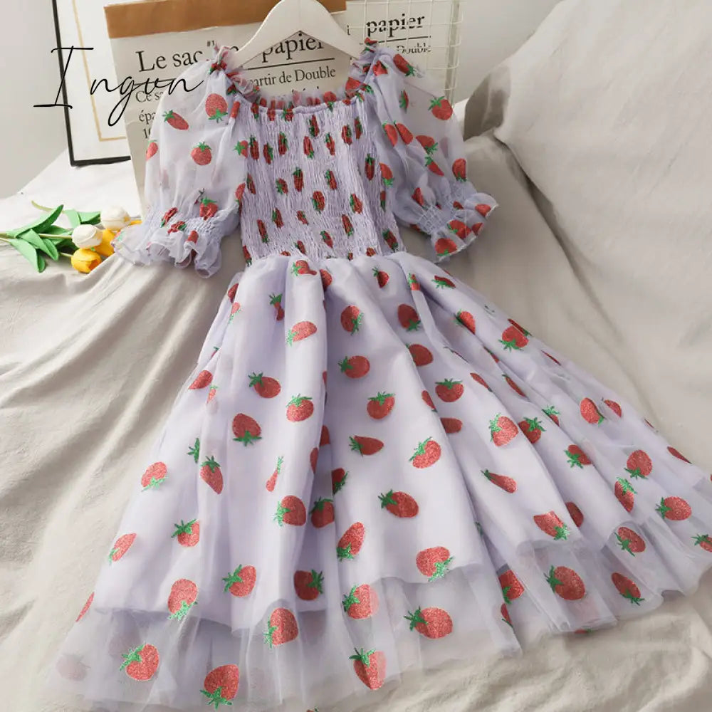 Ingvn - Strawberry Dress Women French Style Lace Chiffon Sweet Casual Puff Sleeve Elegant Printed