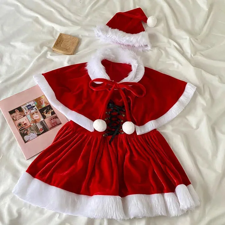 Off The Shoulder Lace Up Velvet Christmas Dress With Cloak - Gotamochi Kawaii Shop, Kawaii Clothes