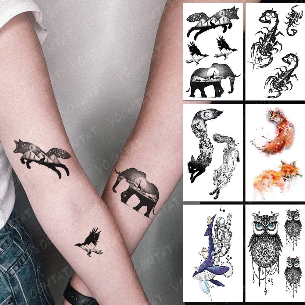 Waterproof Temporary Tattoo Sticker Fox Elephant Bird Forest Flash Tatoo Owl Scorpion Arm Wrist Fake Tatto Body Art Women Men