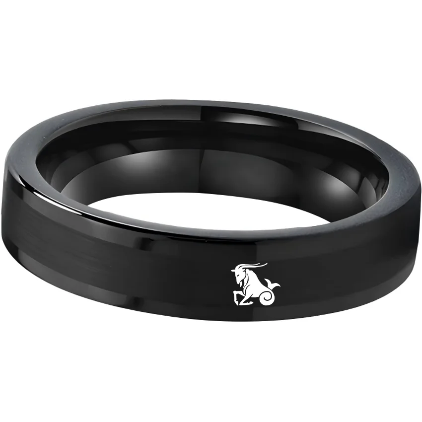Men Women Black Capricorn Tungsten Carbide Rings Couple Wedding Band Flat Comfort Fit 4MM 6MM 8MM