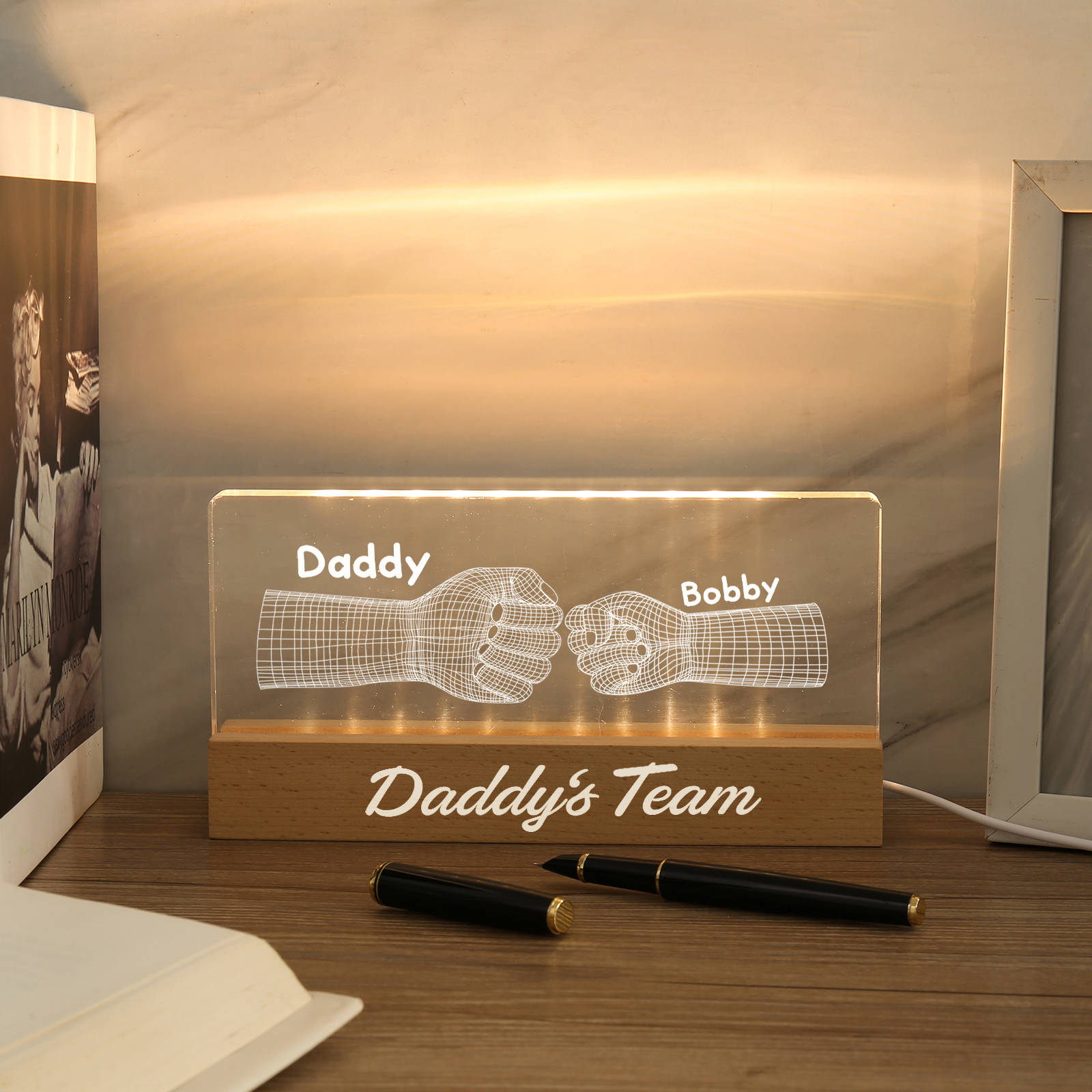 2 Names Personalised Fist Bump Pattern Night Light Custom Text LED Light Father's Day Gift for Dad