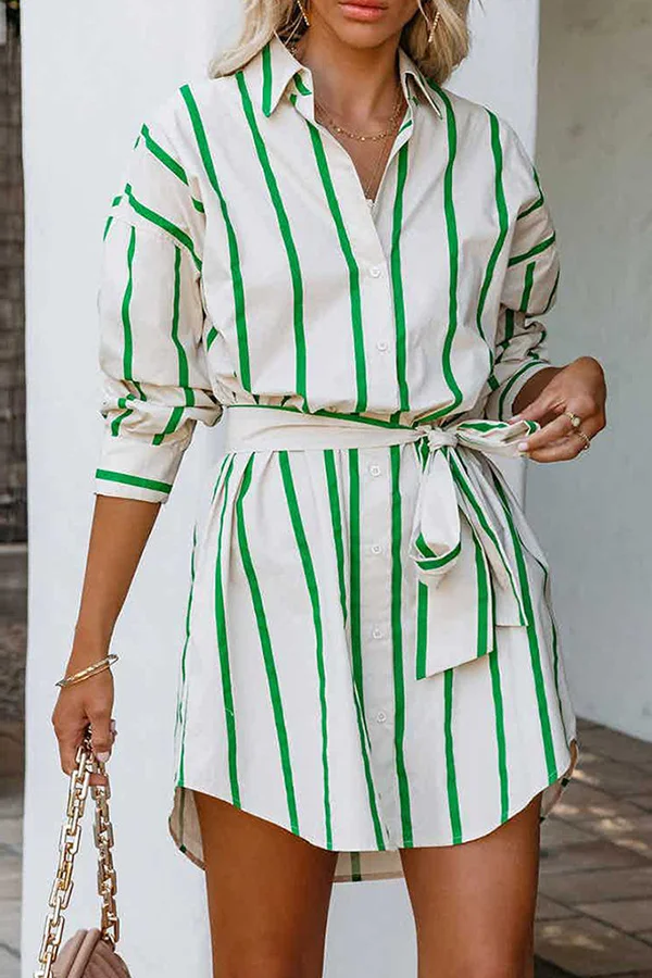 Fashion Striped Printed Long-sleeved Tie Casual Shirt Dress