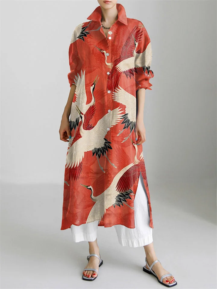 Vintage Flying Crane Art Pattern Long Sleeve Slit Shirt Dress