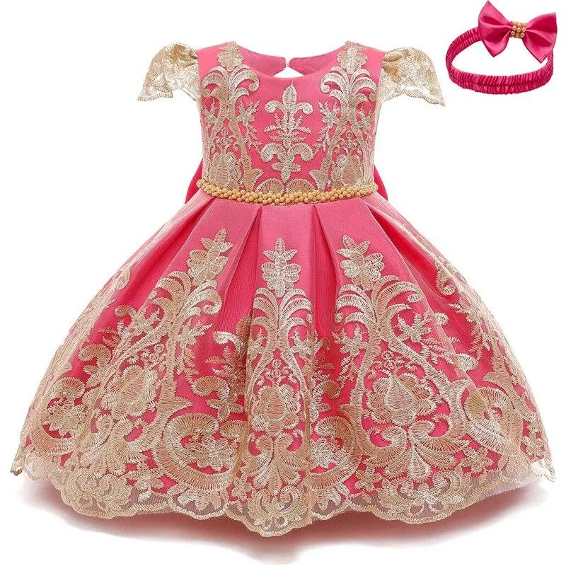 Baby Girls Dress Christmas New Year Lace Embroidery Gown Flower Beading Princess Costume Elegant Baby Birthday Party Dress 12M