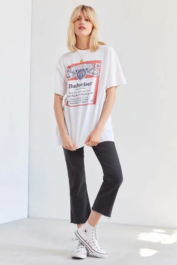 Billlnai Budweiser Oversized T-Shirts Girl High Quality Soft Cotton Fabric Summer Women White Tees Plus Size Easy Fit Dropshipping