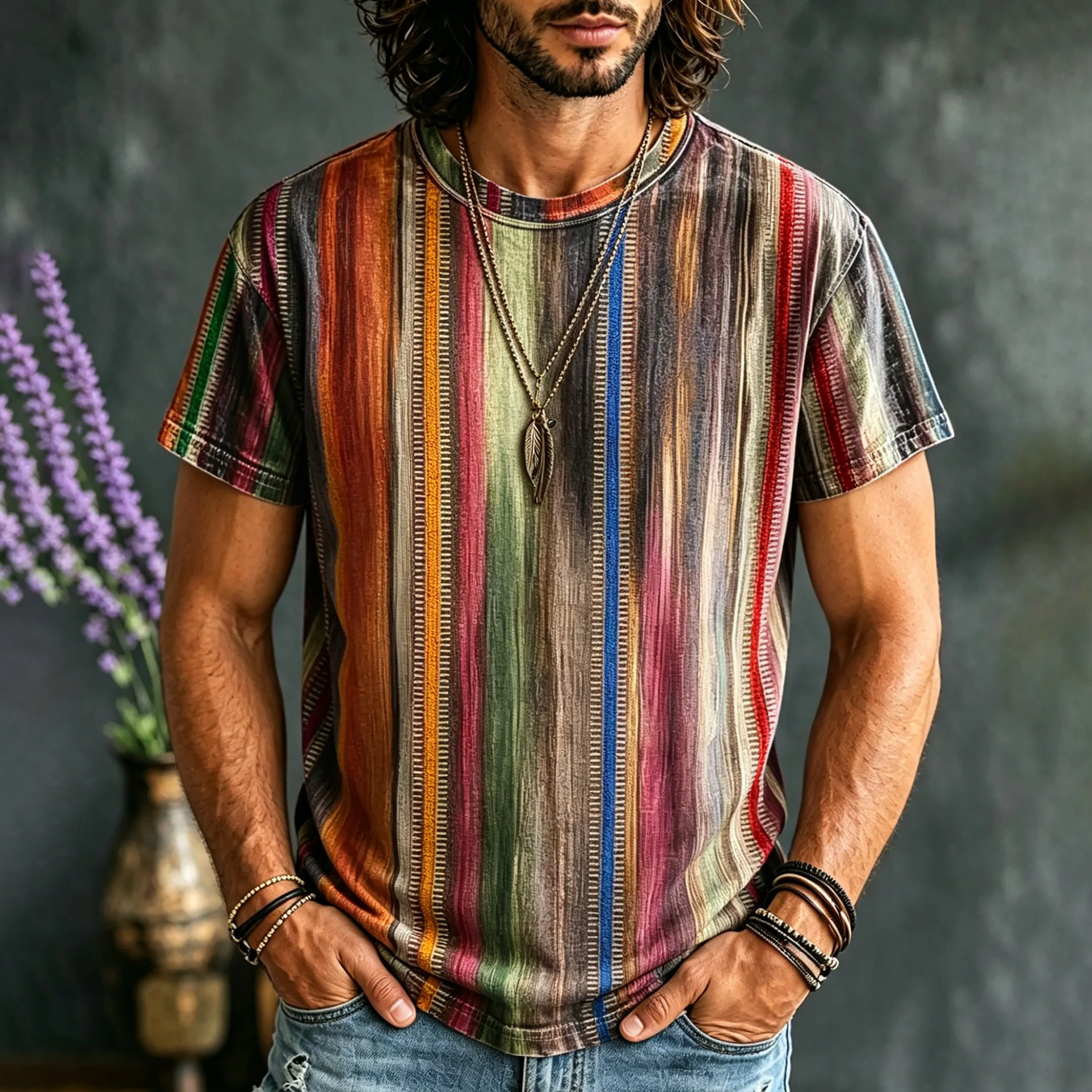 Men's Hippie Color Stripes Print Retro T-shirt elevenforest