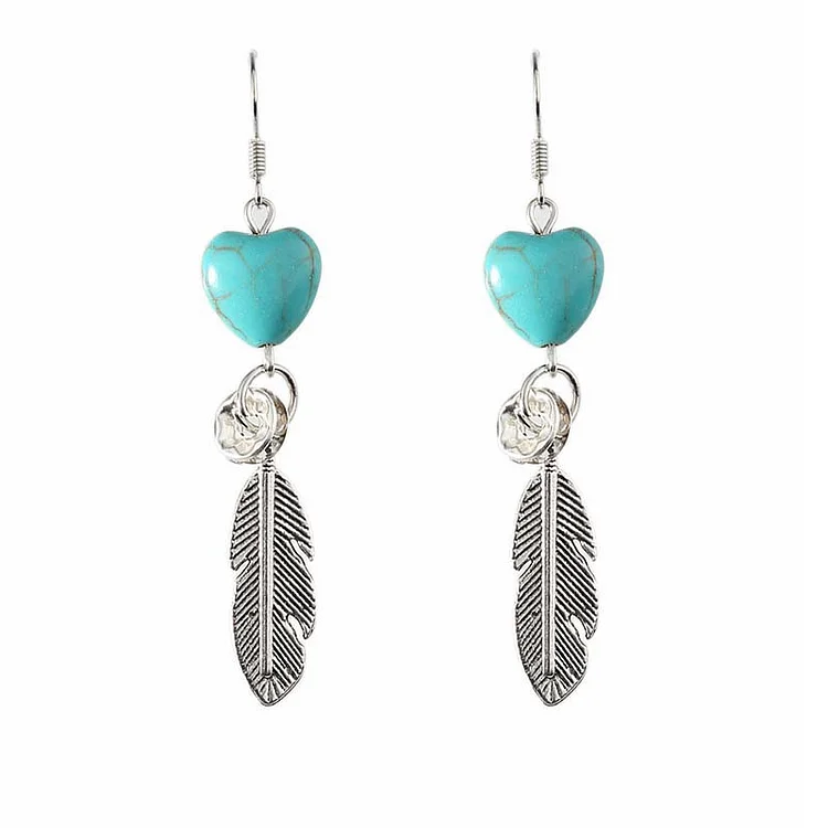 Vintage Earrings Boho Turquoise Feather Ethnic Jewelry  Carved Pattern Nationality Earrings Western Cowgirl Earring