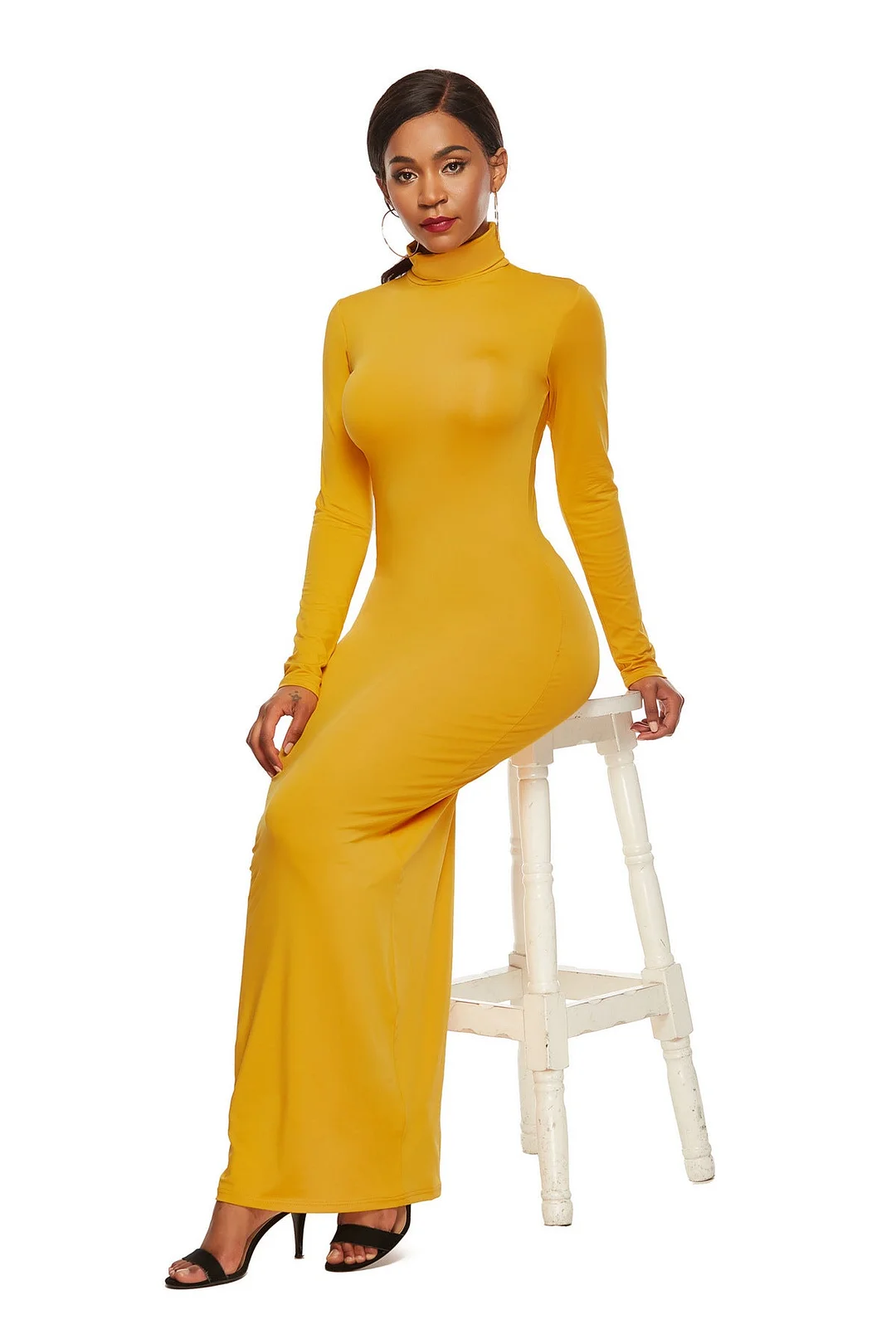 Uveng Polyester Spandex Fashion Solid Color Long Sleeve Stretch Slim Turtleneck Dress