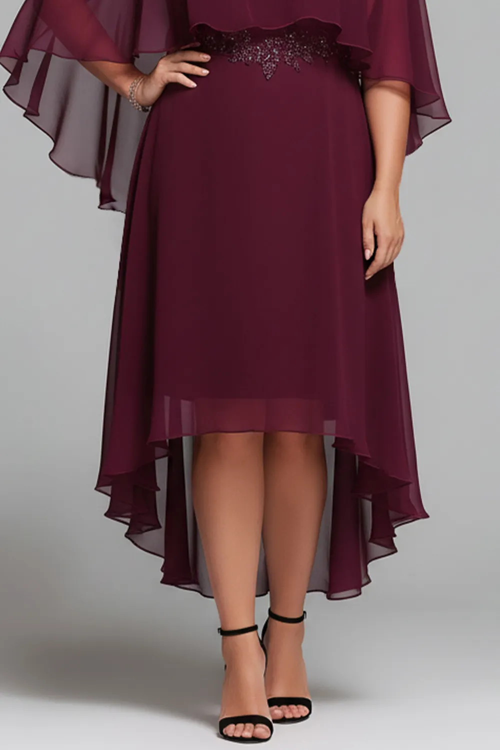 Flycurvy Plus Size Christmas Burgundy Chiffon Lace Cape Sleeve High Low Hem Midi Dress- Flycurvy Flycurvy Plus Size Christmas Burgundy Chiffon Lace Cape Sleeve High Low Hem Midi Dress- Flycurvy