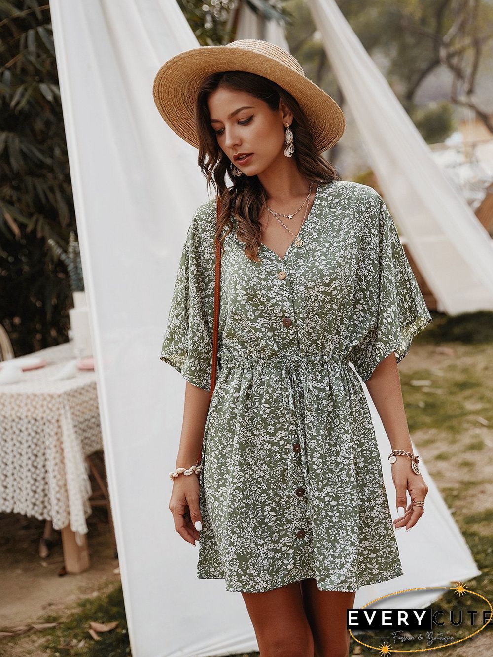 Floral V-Neck Half Sleeve Mini Dress