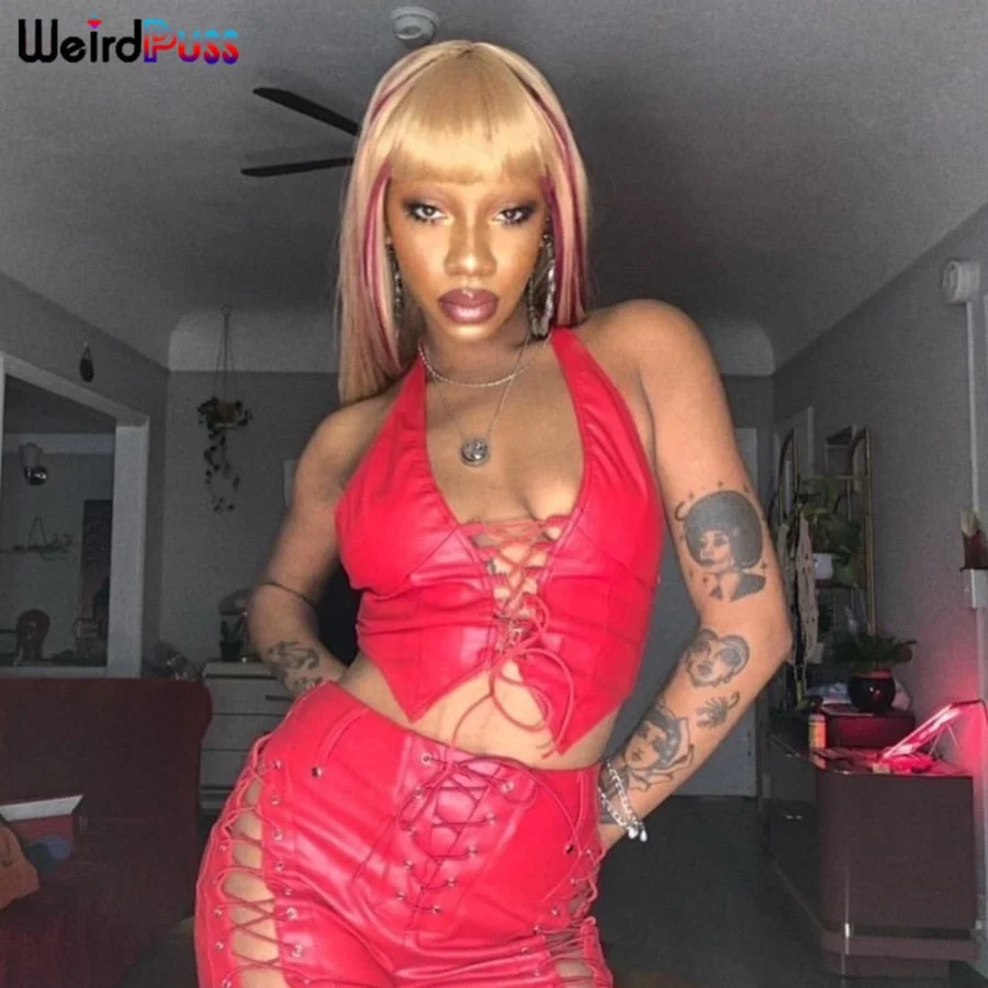 Weird Puss Halter V-Neck Bandage Sexy Y2K PU Leather Croped Crop Fashion Backless Sleeveless Chic Slim Party Clubwear Camisole