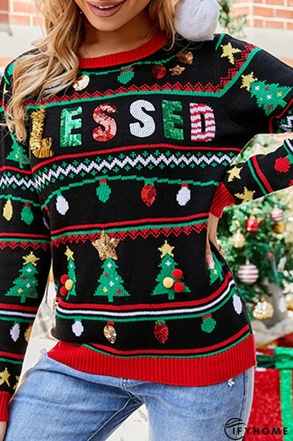 Casual Letter Christmas Tree Printed Sequins Patchwork O Neck Tops | IFYHOME