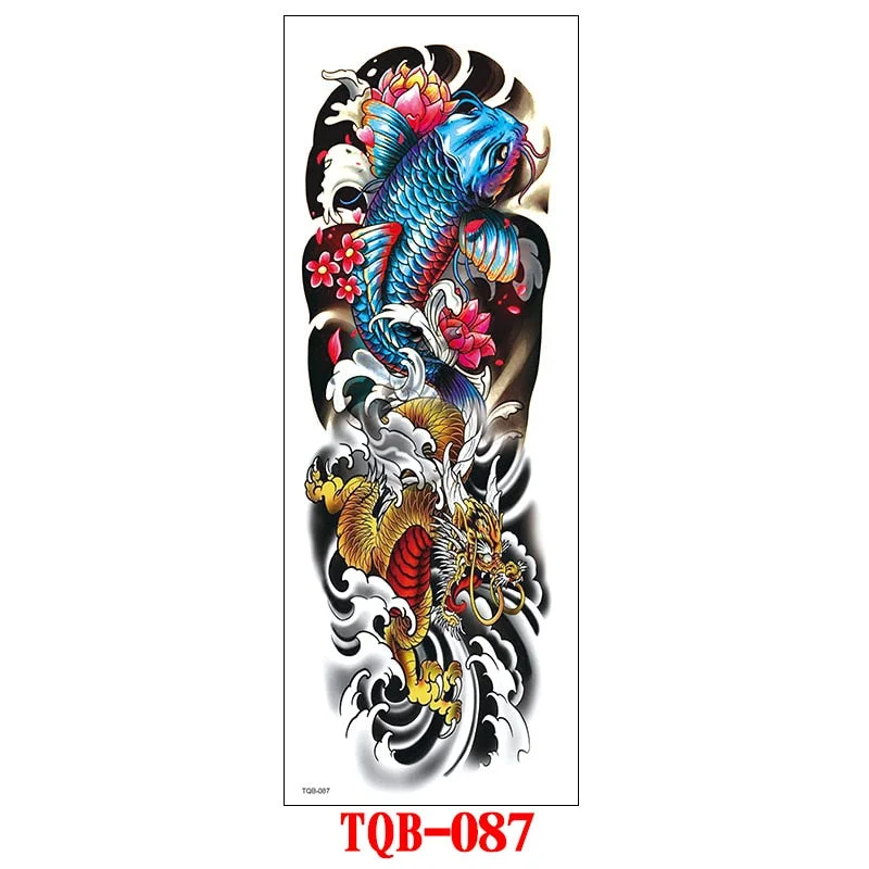 FULL SLEEVE ARM TEMPORARY TATTOO, ORIENTAL DRAGON, LOTUS FLOWERS, MENS, WOMENS