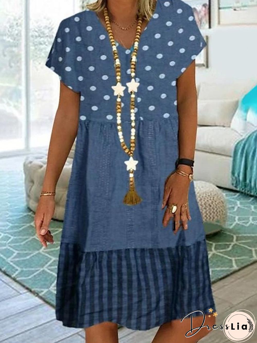 Women's Knee Length Dress - Short Sleeve Polka Dot Print Summer Plus Size Hot Casual Blue Khaki Green M L XL XXL 3XL 4XL 5XL