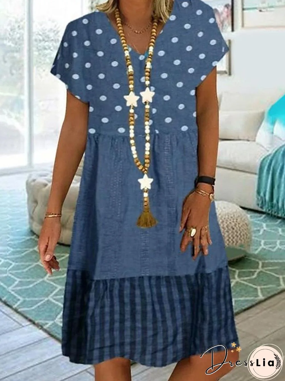 Women's Knee Length Dress - Short Sleeve Polka Dot Print Summer Plus Size Hot Casual Blue Khaki Green M L XL XXL 3XL 4XL 5XL