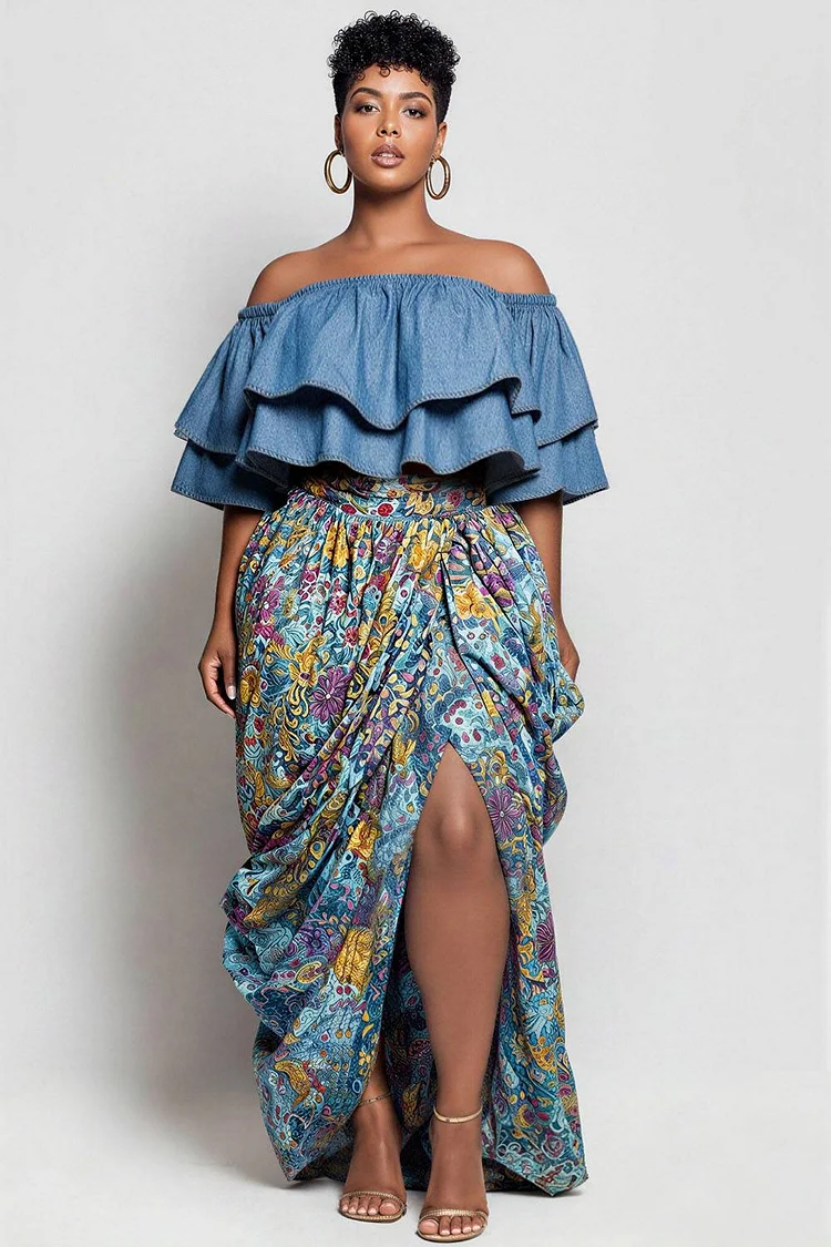 Xpluswear Design Plus Size Vacation Casual Light Blue Graphic Off The Shoulder Short Sleeve Split Ruffle Tencel Denim Two Piece Skirt Sets 2024 - Xpluswear