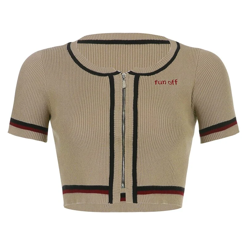 Brownm Stripe Patchwork Vintage Women Knit Cardigan T-shirt Khaki Zipper Short Sleeve Sweater Crop Tops Casual Streetwear
