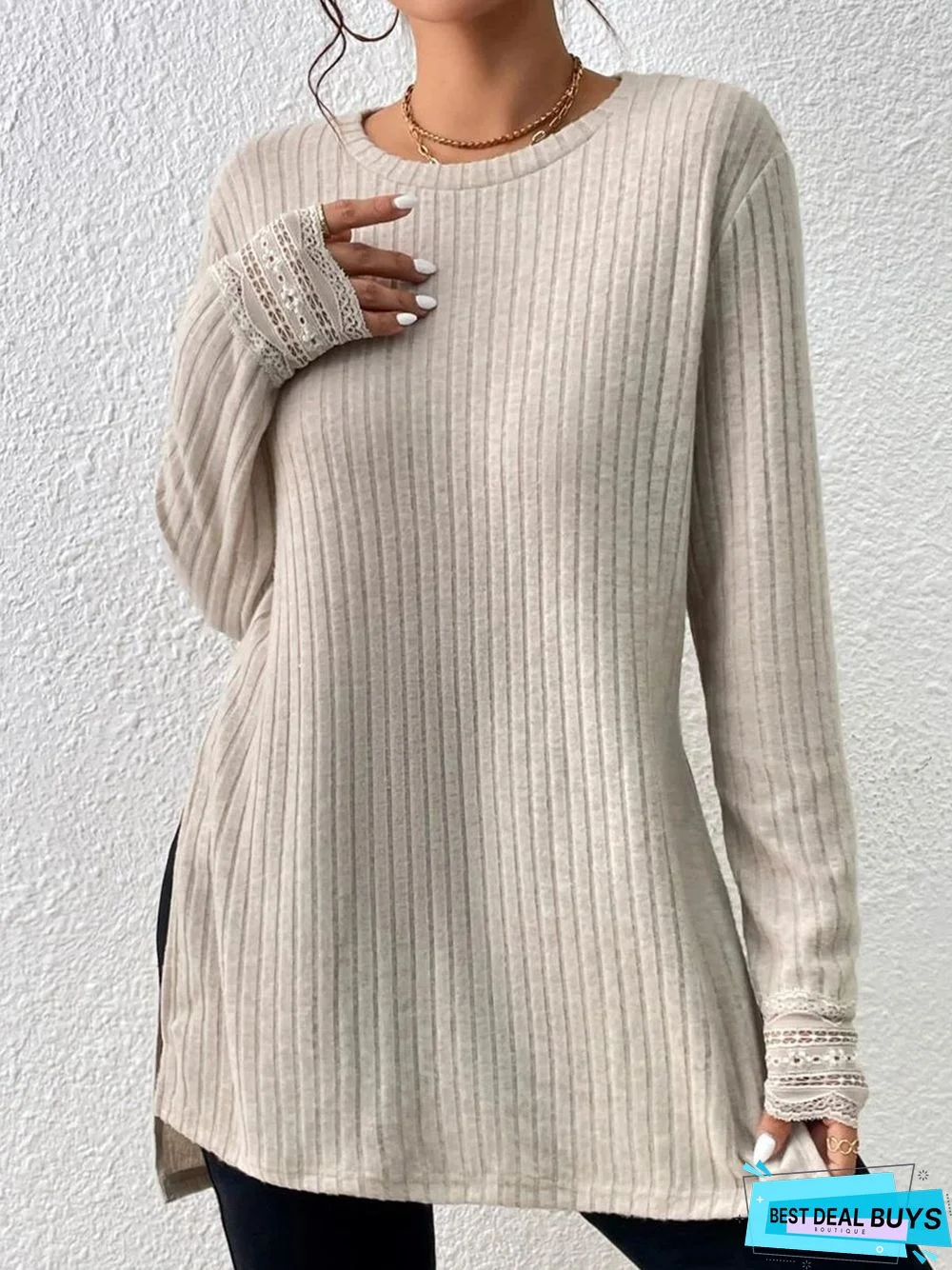 Plain Lace Long Sleeve Crew Neck Casual T-Shirt