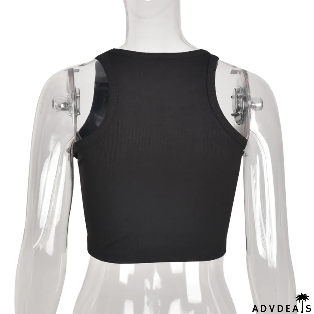 Women Summer Black Streetwear O-Neck Solid Crop Top