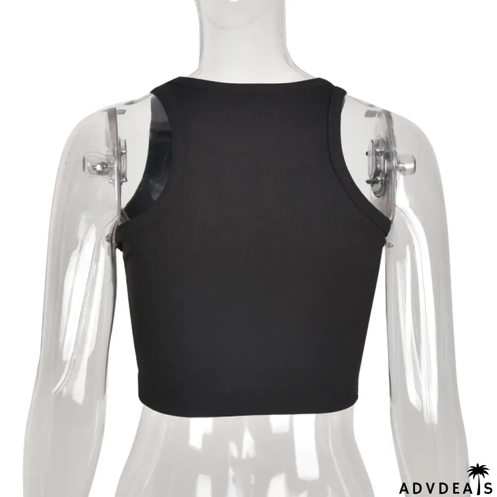 Women Summer Black Streetwear O-Neck Solid Crop Top