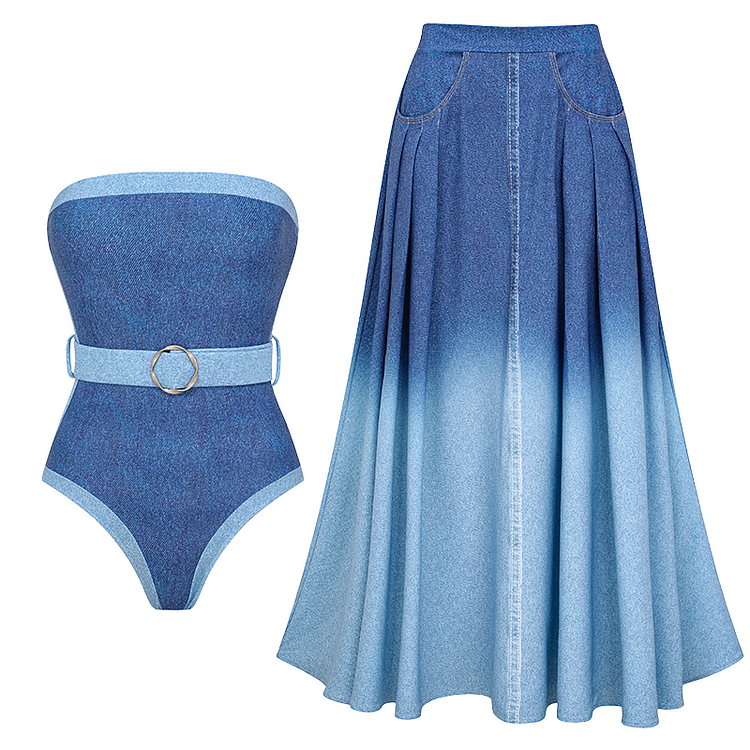 Off Shoulder Denim Pattern Print One Piece Swimsuit and Skirt