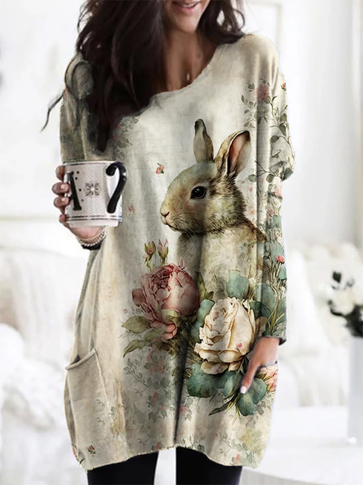 Vintage Cottage Bunny Floral Art Cozy Tunic