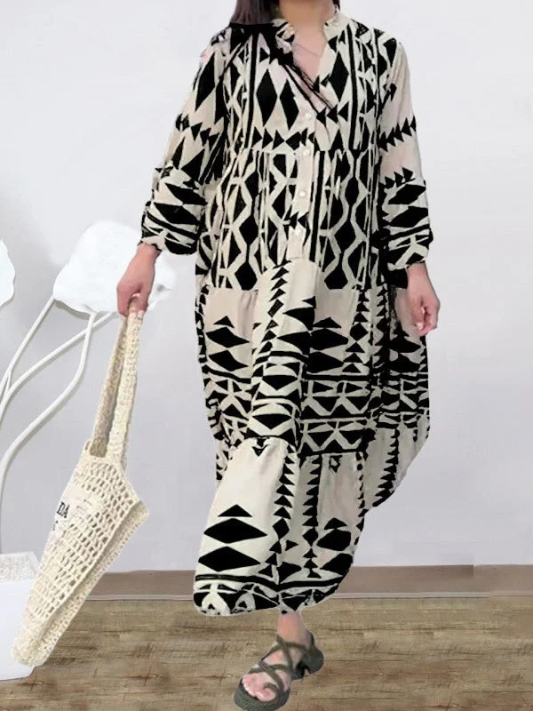 Style & Comfort for Mature Women Women Long Sleeve V-neck Printed Maxi Dress