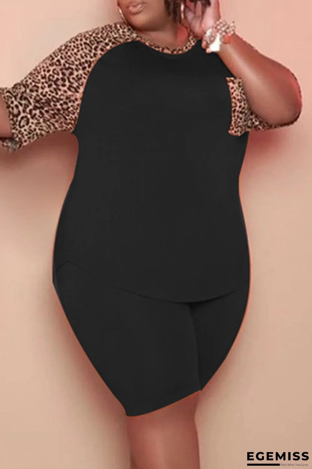 Black Fashion Casual Print Patchwork O Neck Plus Size Two Pieces | EGEMISS