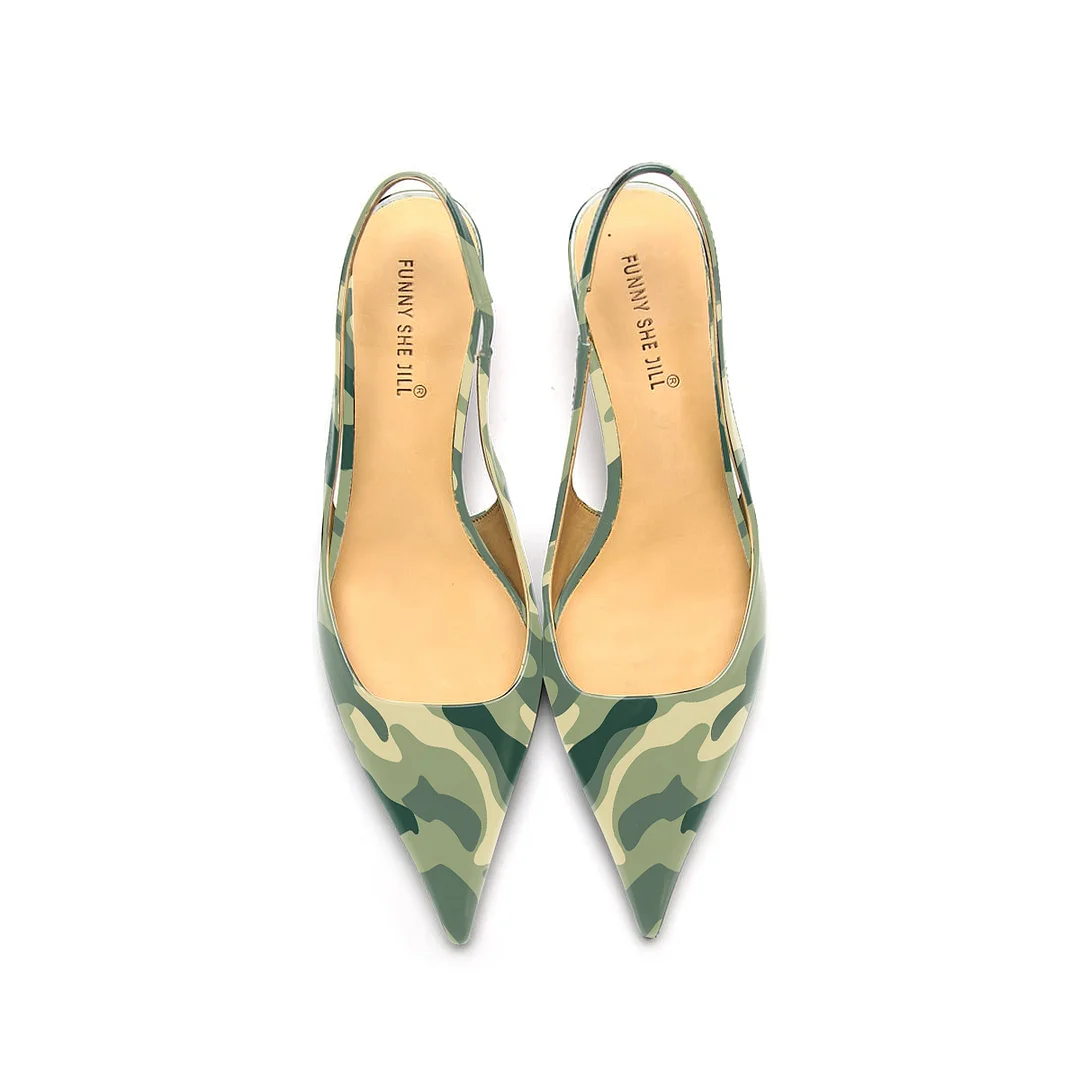 Green Camouflage Pattern Pointed Toe Kitten Heel Slingback Pumps Nicepairs