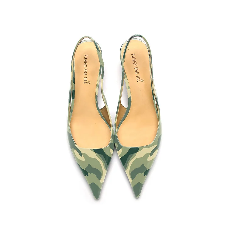 Camouflage Patent Leather Slingback Kitten Heel Dress Pumps for Women |FSJ Shoes
