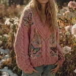 Vintage Boho Butterfly Floral Art Chunky Knit V Neck Cozy Sweater - Image 2