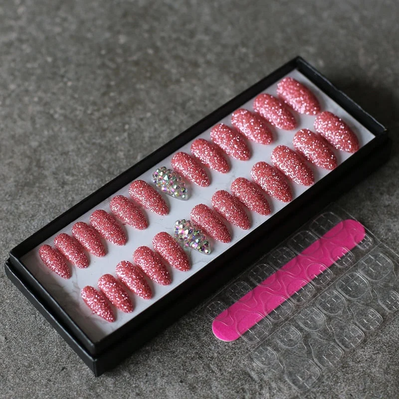 Art design Glitter powder fake nails red pink 26pcs Stiletto Full crystal diamond false nails wedding nails-Nail Inspo