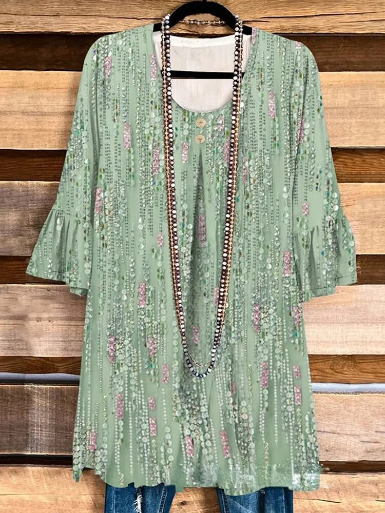 Printed Flare Sleeves Loose Top